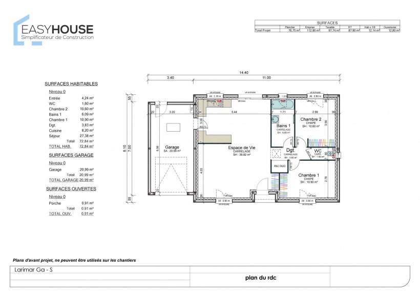 Plan de la maison Larimar S, surface 73.00 m² au prix de 136 000€ (image 1)