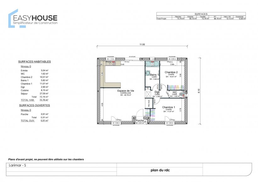 Plan de la maison Larimar S, surface 73.00 m² au prix de 118 000€ (image 1)