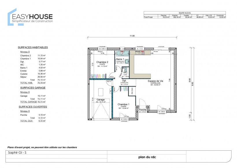 Plan de la maison Saphir S, surface 75.00 m² au prix de 132 000€ (image 1)