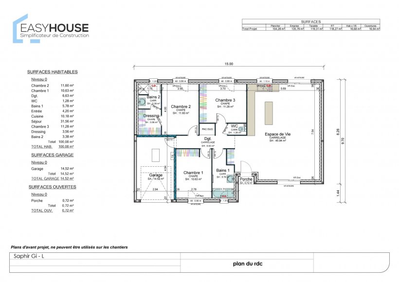 Plan de la maison Saphir L, surface 100.00 m² au prix de 159 000€ (image 1)