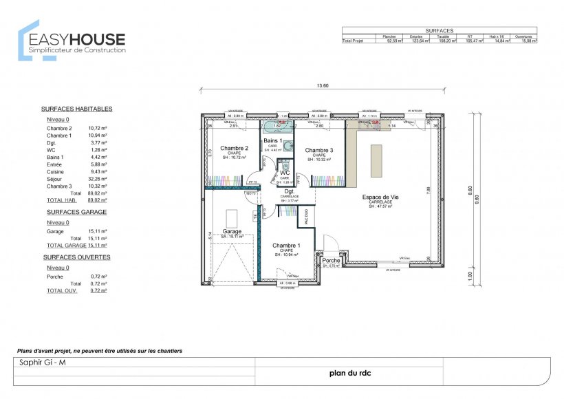 Plan de la maison Saphir M, surface 89.00 m² au prix de 143 000€ (image 2)