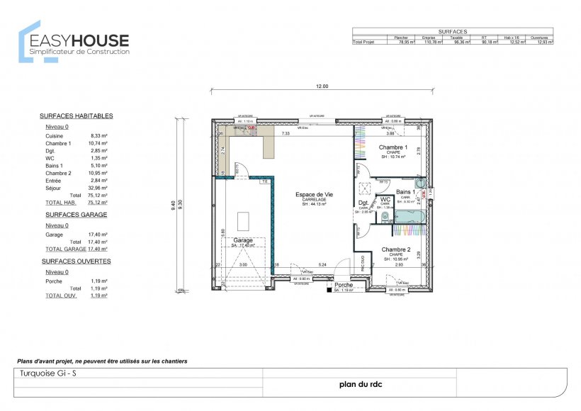 Plan de la maison Turquoise S, surface 76.00 m² au prix de 132 000€ (image 1)